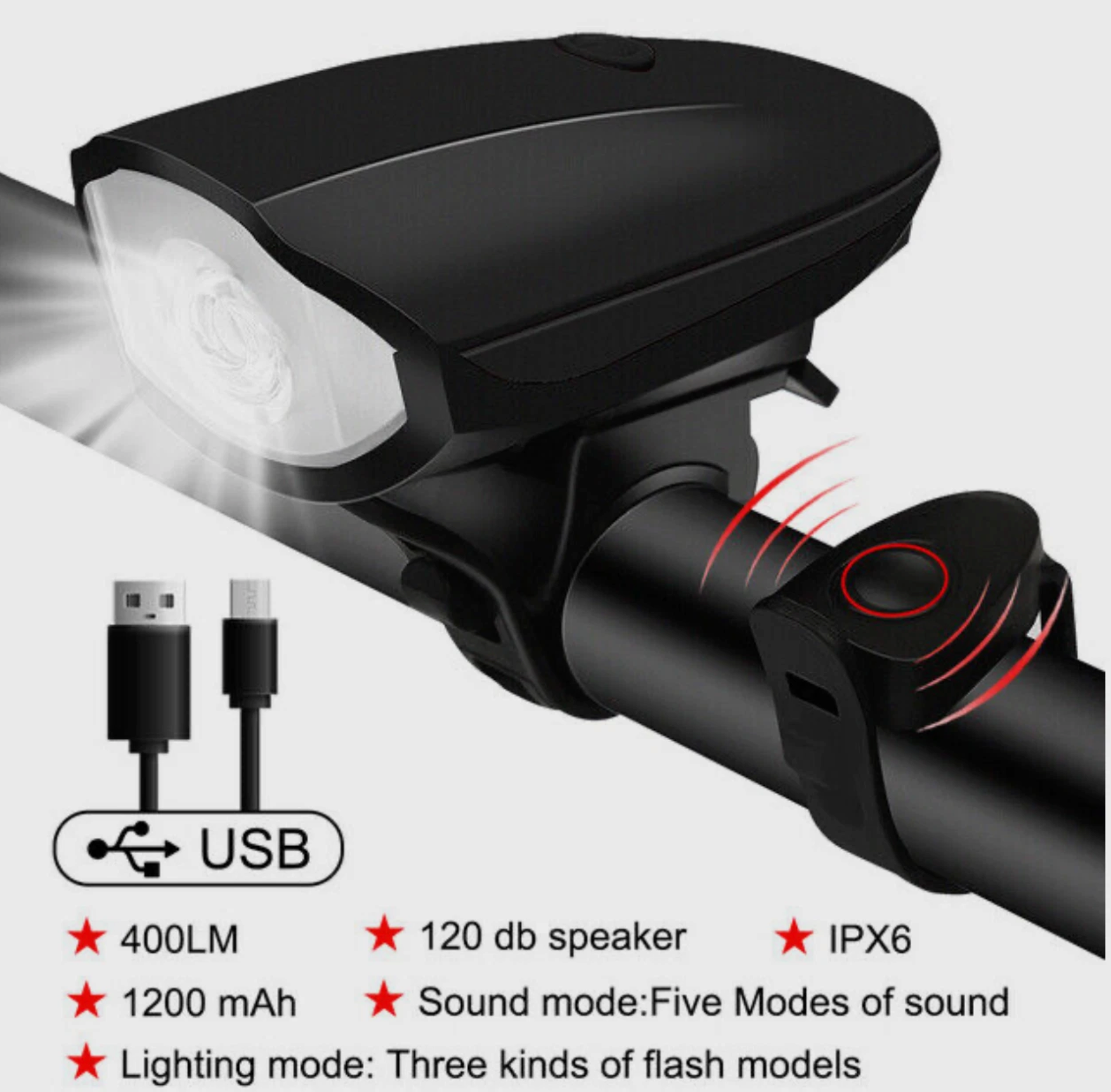 Bicycle Front and Rear Lights with Horn USB Rechargeable Bike Headlights